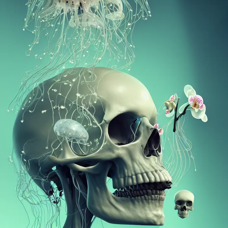 Image similar to portrait of skull and orchids, bio luminescent jellyfish, intricate artwork by Tooth Wu and wlop and beeple. octane render, trending on artstation, greg rutkowski very coherent symmetrical artwork. cinematic, hyper realism, high detail, octane render, 8k