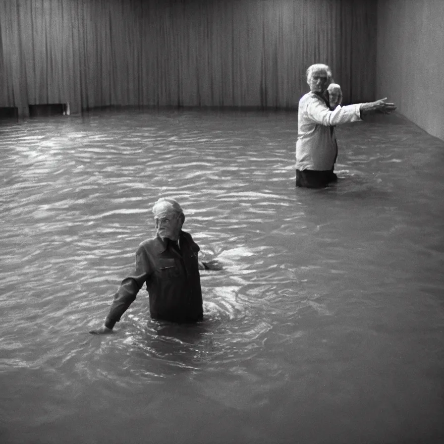 Image similar to 7 0 s movie still of an old man drowning in an empty soviet ballroom flooded in hands, cinestill 8 0 0 t 3 5 mm, heavy grain, high quality, high detail