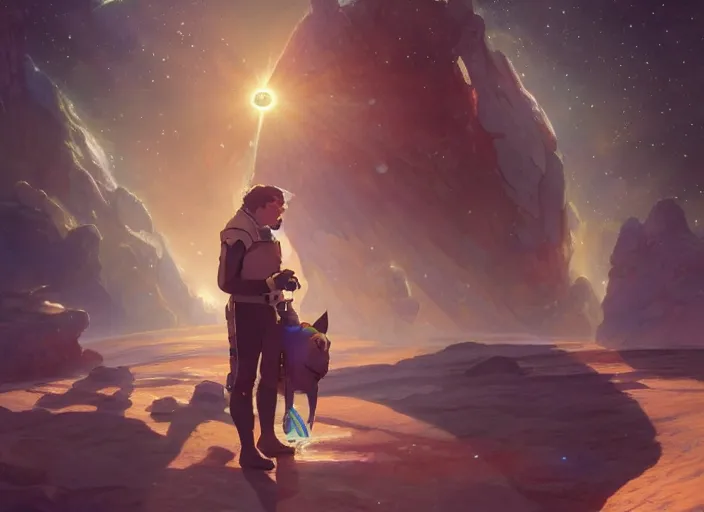 Image similar to a space handsome gay guy and his pet space cat staring role in a musical sci - fi space opera ghibli animated film, volumetric lighting, octane render by stanley artgerm lau, greg rutkowski, thomas kindkade, alphonse mucha, loish, norman rockwel, 8 k greg rutkowski