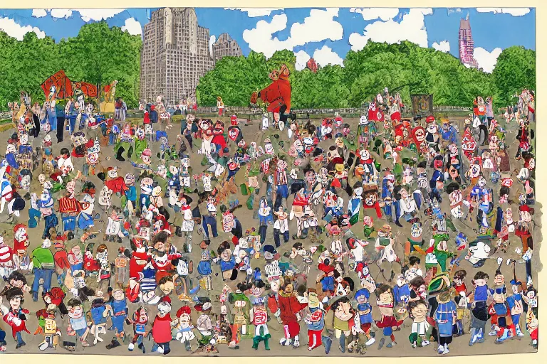 Image similar to an elaborate penned child illustration of a convention of waldo's in new york city and central park, where's wally, where's waldo, by martin hand ford and by jan van haasteren