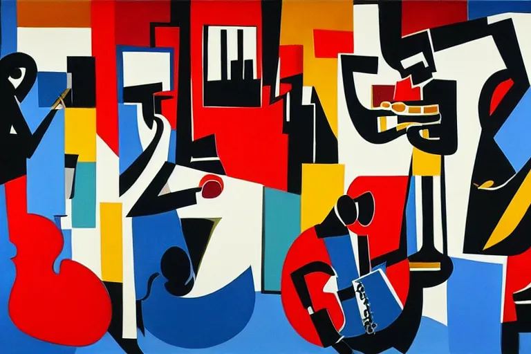 Prompt: jazz music as depicted by an abstract painting by Stuart Davis