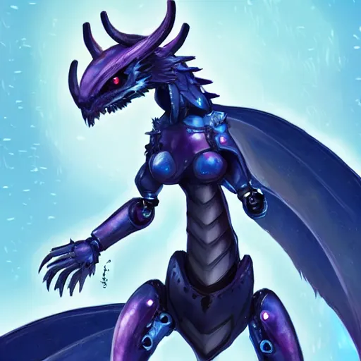 Image similar to cute anthropomorphic female robot dragon doing an elegant pose, has two adorable blue eyes, with two big epic wings behind her, two arms that have sharp claws, two legs, a long tail behind her; high quality digital art, artstation, deviantart, furaffinity