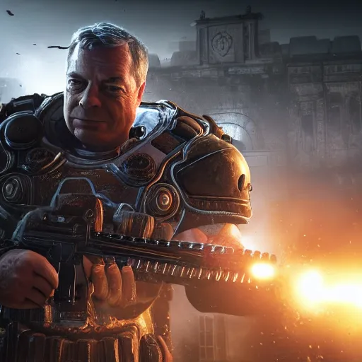 Image similar to Portrait of Nigel Farage in Gears of War, splash art, movie still, cinematic lighting, dramatic, octane render, long lens, shallow depth of field, bokeh, anamorphic lens flare, 8k, hyper detailed, 35mm film grain