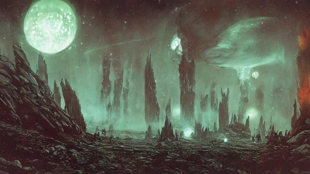 Image similar to eerie atmospheric alien planet empire by jack gaughan and bob eggleton and chris moore, epic cinematic matte painting