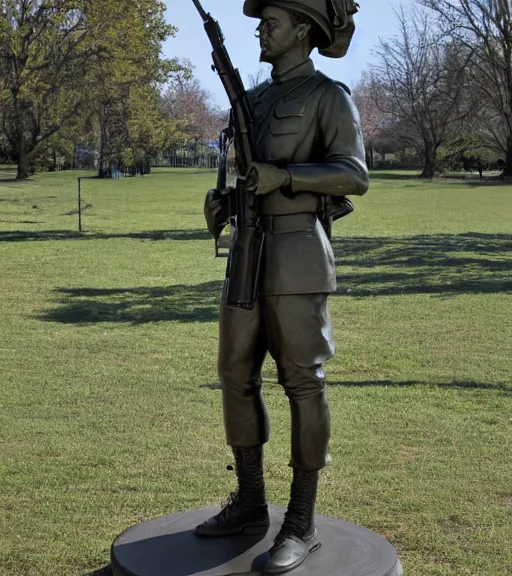 Image similar to a 4 k photorealistic photo medium shot waist up of a bronze statue of an american soldier with a rifle across his chest in a park