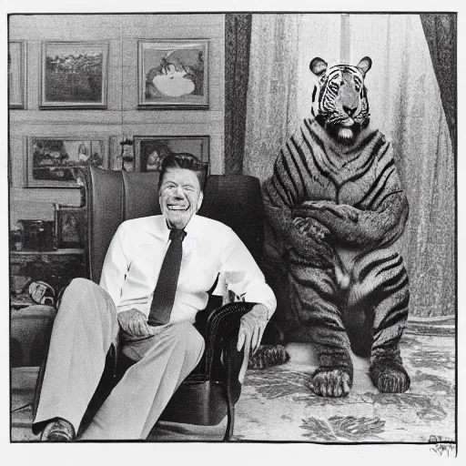 Image similar to [ ronald reagan sitting in chair with a tiger lying at his feet ]