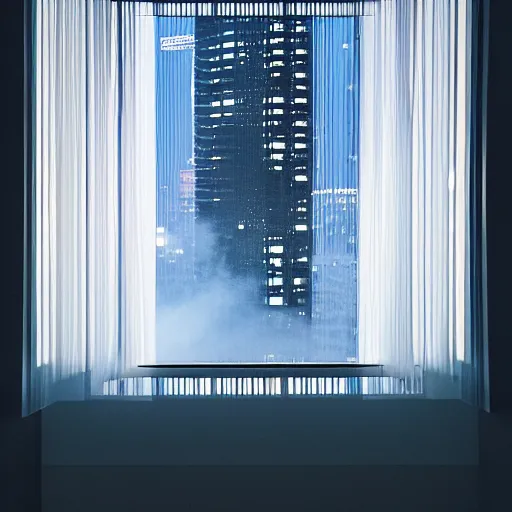 Image similar to Spying into the windows of a small tower block from outside , observing the private lives of the human inhabitants, volumetric lighting shines through the misty nighttime sky