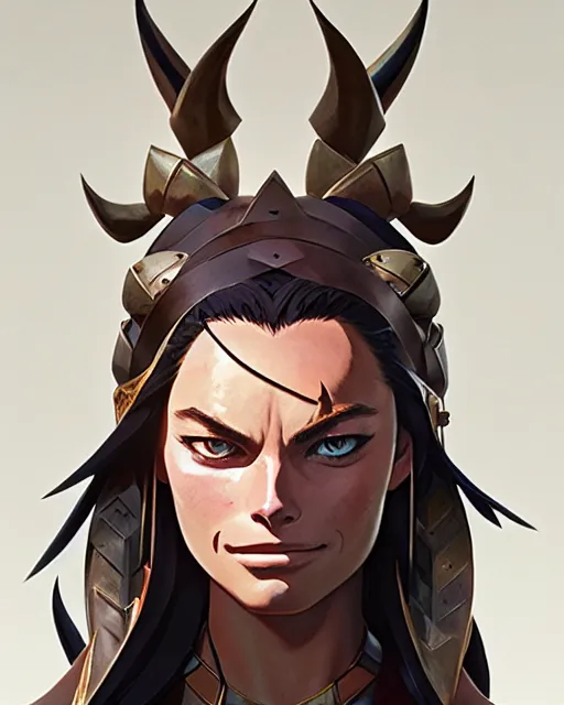 Image similar to azctec warrior, margot robbie, detailed perfect face, exquisite details, fire magic, mid view, design on a white background, by studio muti, greg rutkowski makoto shinkai takashi takeuchi studio ghibli