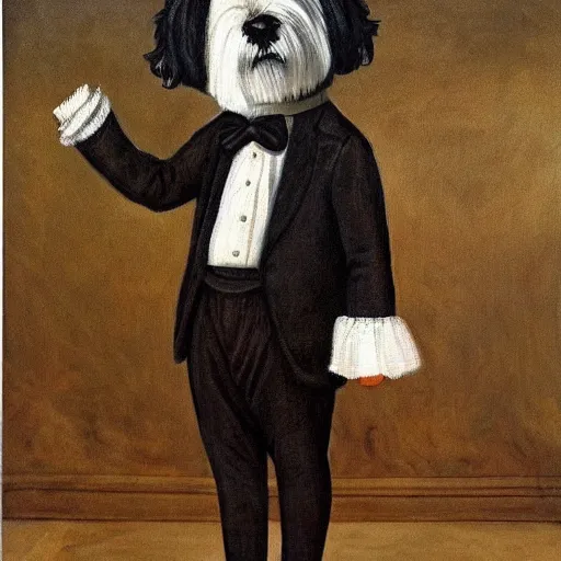 Image similar to A black coton de tulear dog dressed up as a dapper english gentleman, renaissance oil painting, highly detailed