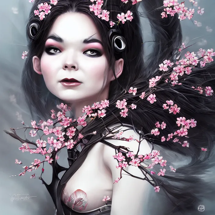 Image similar to a photograpic portrait of a anthropomorphic bjork cherry - blossom wearing futuristic black cyber outfit, fantasy, intricate, elegant, highly detailed, digital painting, artstation, concept art, smooth, sharp focus, illustration, art by artgerm