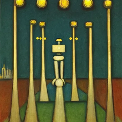 Image similar to robot druids in a grand processional, grant wood, pj crook, edward hopper, oil on canvas