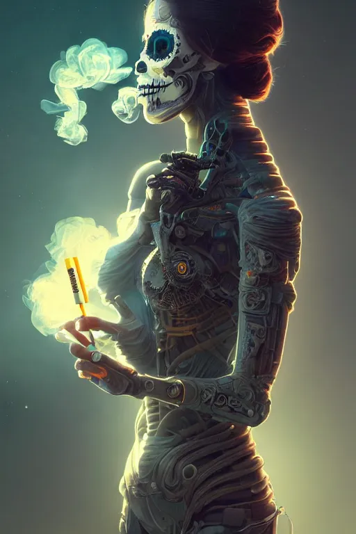 Prompt: ultra detailed, beautiful female android smoking a cigarette, scifi, fantasy, ( dia de los muertos ), triadic color scheme, intricate detailed, octane render, concept art. smoke, calm, noir. art by godmachine and michael welan and rossdraws and artgerm and greg rutkowski and wlop. 8 k, hdr