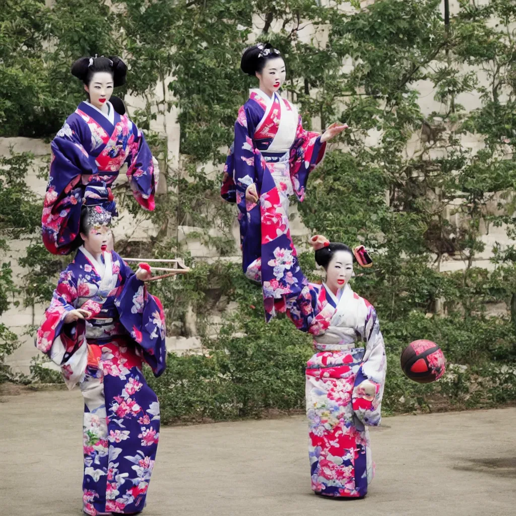 Image similar to Photo of geisha wearing kimono and playing basketball