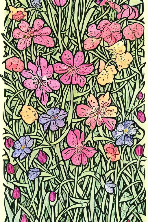 Image similar to spring flowers, happy and beautiful, by jacdraws and william morris