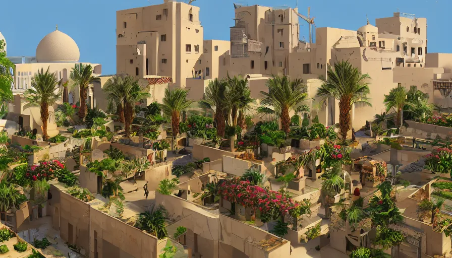 Prompt: arabic city with rooftop gardens, flowers, palms, artstation