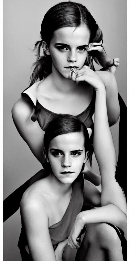 Prompt: Emma Watson closeup face shoulders pigtail hair Vogue fashion shoot by Peter Lindbergh fashion poses detailed professional studio lighting dramatic shadows professional photograph by Cecil Beaton, Lee Miller, Irving Penn, David Bailey, Corinne Day, Patrick Demarchelier, Nick Knight, Herb Ritts, Mario Testino, Tim Walker, Bruce Weber, Edward Steichen, Albert Watson