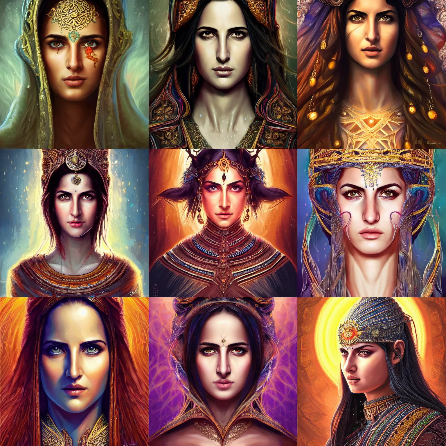 Prompt: head-on centered symmetrical painted portrait, Katrina Kaif as a wizard, intricate robes, fantasy, intricate, elegant, highly detailed, digital painting, smooth, sharp focus, illustration, dramatic lighting, artstation, in the style of Artgerm and Anna Podedworna and Alex Ross