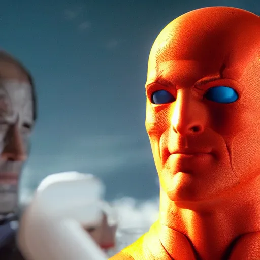 Prompt: still frame from film from zach snyder's film adaptation of watchmen, close - up dr manhattan, his face in profile.