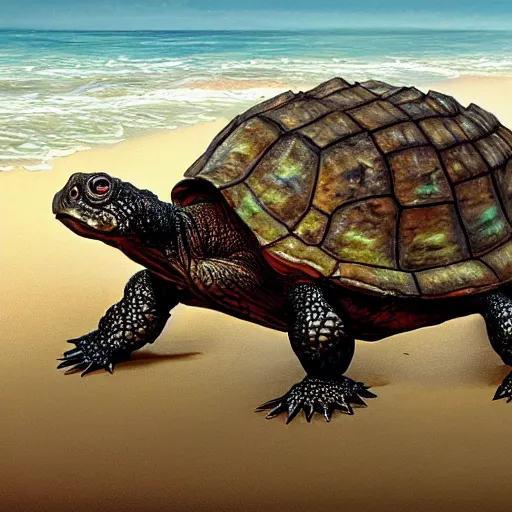 Image similar to large cute adorable snapping turtles walking on the beach in maui, hyper realistic painted by greg rutkowski, unreal engine