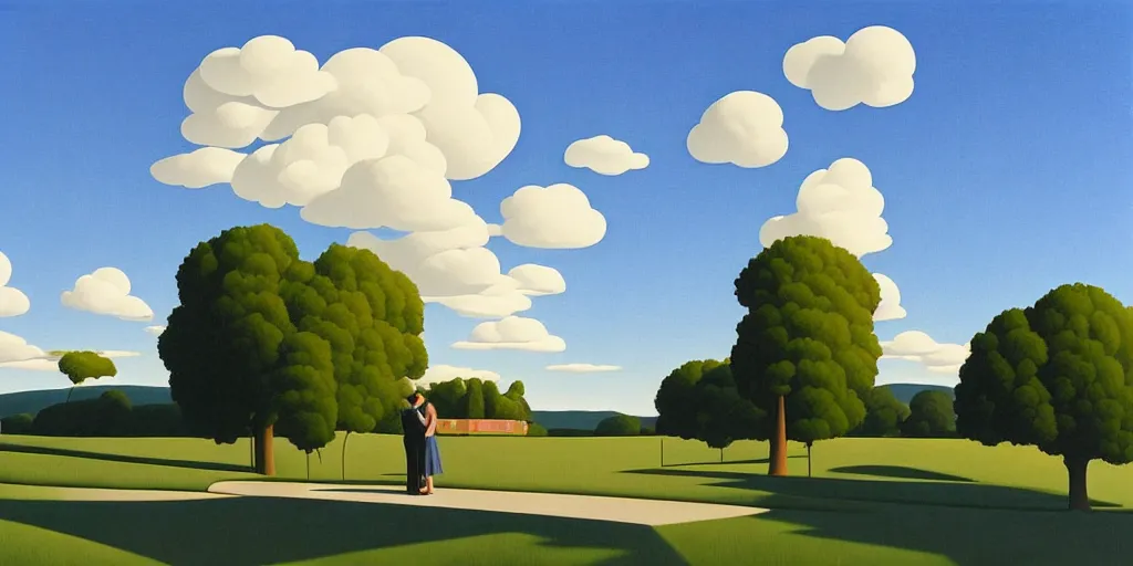 Prompt: lovers, blue sky, summer evening, kenton nelson