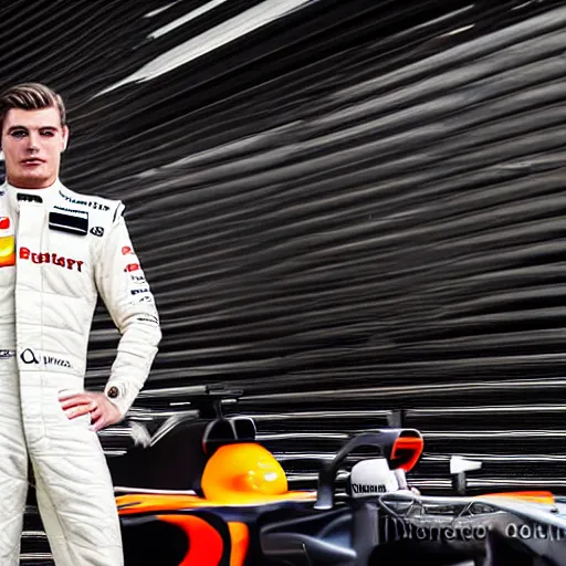 Image similar to a portrait of a mercedes f 1 driver in a white overall with the face of max verstappen, peofessional portrait photography, ambient light