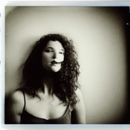 Image similar to polaroid picture, beautiful woman, curly hair, artistic, black and white, eerie, francesca woodman style