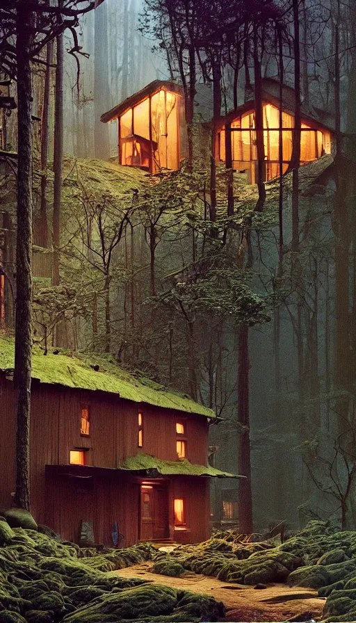 Image similar to cozy home in the woods moody lighting, highly detailed, painting by zdzisław beksinski and norman rockwell and greg rutkowskiweta studio, and lucasfilm