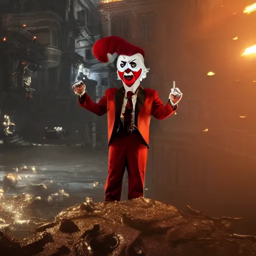 Image similar to donald trump as a joker - clown! in gears of war, splash art, movie still, cinematic lighting, ray tracing, detailed joker - clown face!, octane render, long lens, shallow depth of field, bokeh, anamorphic lens flare, 8 k, hyper detailed, 3 5 mm film grain