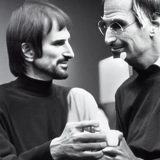 Image similar to photograph steve jobs discussing happier times with douglas adams on campus 1 9 8 8, healthy, in thomas ruff style, 3 5 mm ektachrome