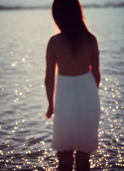 Prompt: a 2 8 mm holga photo from the back of a woman at the edge of a lake, splash art, movie still, bokeh, canon 5 0 mm, cinematic lighting, dramatic, film, photography, golden hour, depth of field, award - winning, anamorphic lens flare, 8 k, hyper detailed, 3 5 mm film grain