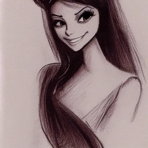 Image similar to milt kahl sketch of victoria justice as princess with hair tendrils