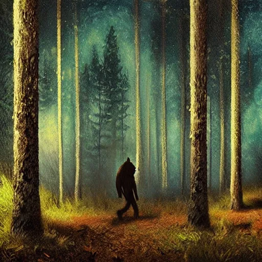 Image similar to bigfoot walking in forest, surreal photography, moon light, dark night, dramatic, impressionist painting, clouds, digital painting, artstation, simon stalenhag