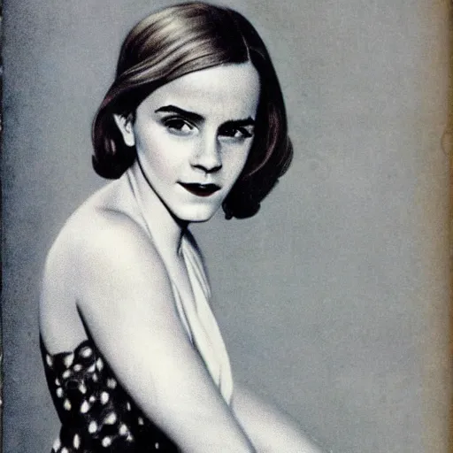 Image similar to Emma Watson portrait, vintage magazine illustration 1950