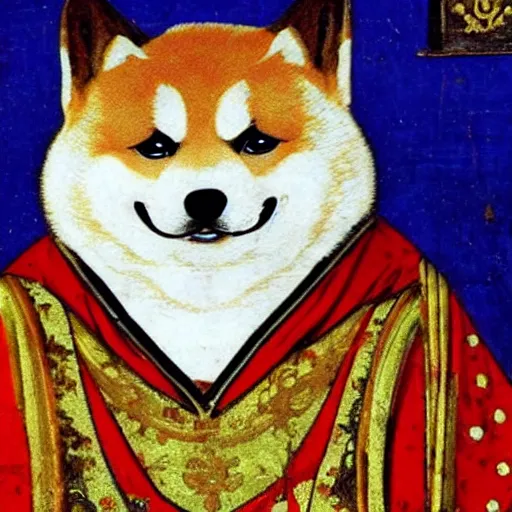 Prompt: fat shiba inu dog prince in ornate robes with a cheeky expression, medieval painting