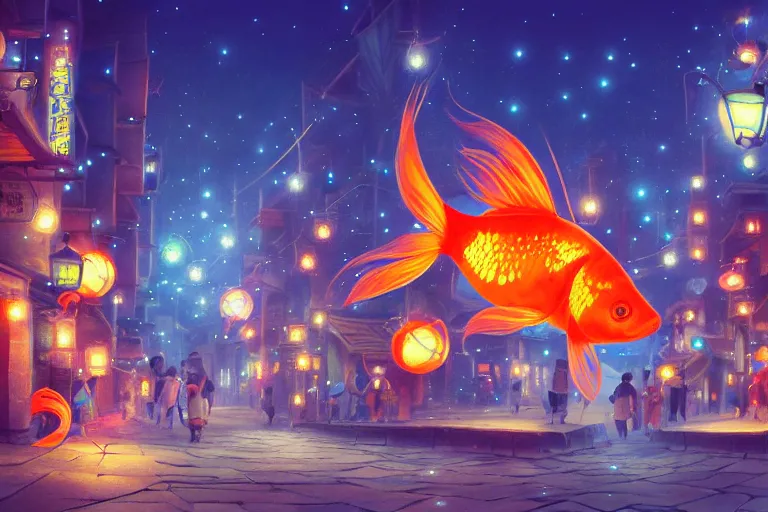 Image similar to fantasy art of glowing goldfish swimming in the air, in the streets of a japanese town at night, with people watching in wonder, in the style of studio ghibli and makoto shinkai, highly detailed digital art, trending on artstation