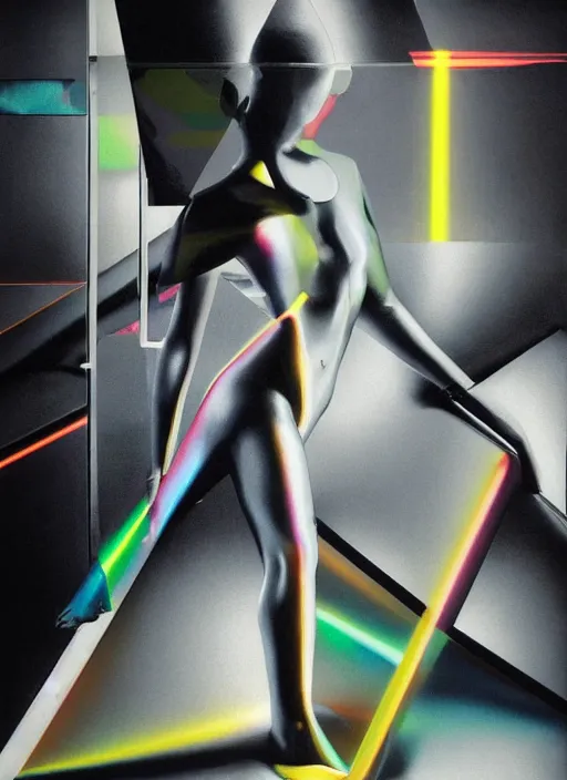 Image similar to futuristic lasers tracing, colorsmoke, leather fullbodysuit, pyramid hoodvisor, raindrops, wet, oiled, beautiful cyborg girl, by steven meisel, kaws, rolf armstrong, mondrian, kandinsky, perfect geometry abstract acrylic, octane hyperrealism photorealistic airbrush collage painting, dark monochrome, fluorescent colors, minimalist rule of thirds, eighties eros