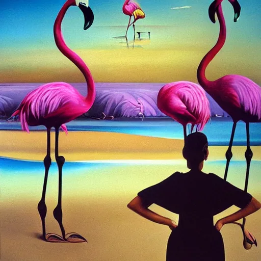 Image similar to A surreal oil painting of a puzzle containing a beautiful woman and Flamingos on a desert beach oasis by Salvador Dali, dark vibes, high contrast, cinematic, depth of field