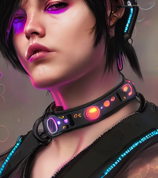 Image similar to detailed realistic female character cyberpunk wearing thick technological collar around neck, realistic, art, beautiful, 4K, collar, choker, collar around neck, punk, artstation, detailed, female, woman, choker, cyberpunk, neon, punk, collar, choker, collar around neck, thick collar, tight around neck, punk,