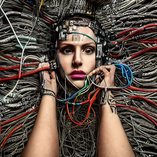 Image similar to piles of modular synth cables mixed with mangrove roots mixed with old video game consoles, puerto rican grafitti goddess chilling out wearing a headpiece made of circuit boards, by cameron gray, wlop, stanley kubrick, masamune, unique perspective, epic, trending on artstation, photorealistic, 3 d render, vivid