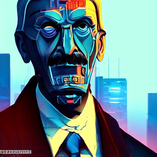 Image similar to cyberpunk neville chamberlain as the leader of a futuristic communist nation, cybernetics, sharp lines, digital, artstation, colored in