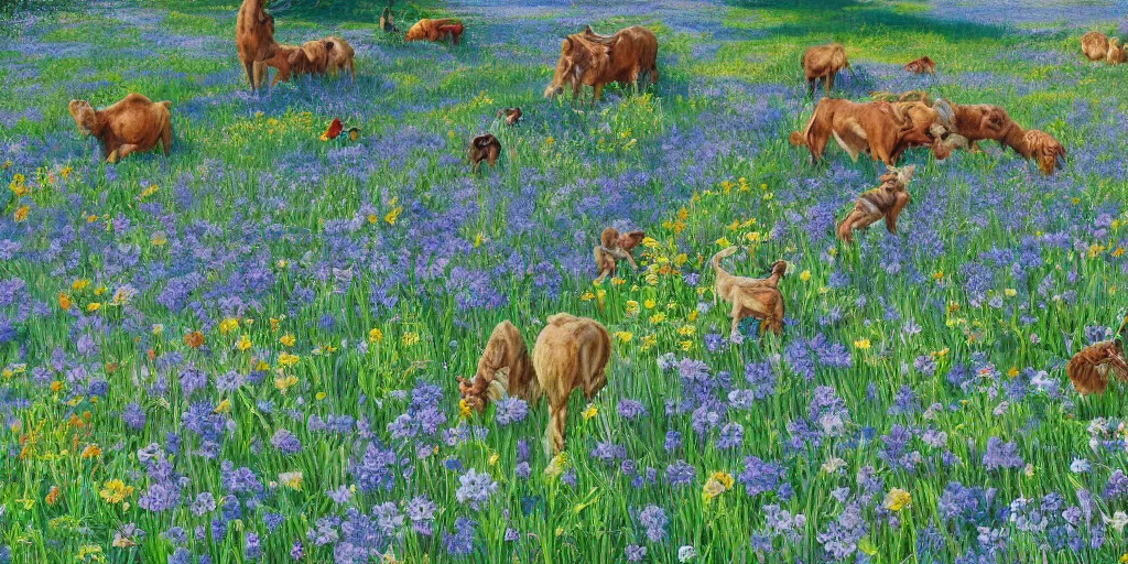 Prompt: Miltonian idyllic azure meadow sunny weather heaven of animals, detailed, intricate, masterpiece, 8k resolution