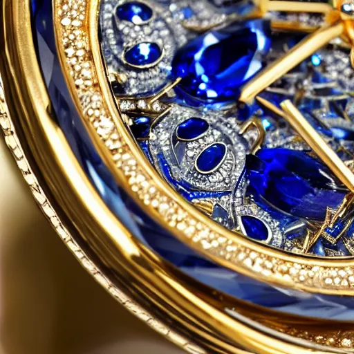 Image similar to close up of a sapphire and gold wrist watch, intricate, complex, high detail