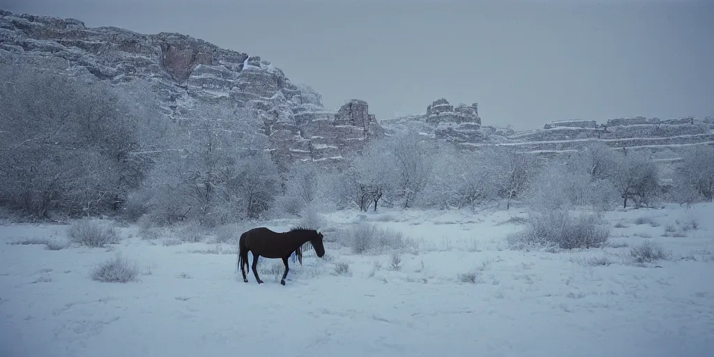 Image similar to photo of green river, wyoming, native american cliff dwellings, covered in ice and snow, during a snowstorm. a horse appears as a hazy silhouette in the distance. cold color temperature. blue hour morning light, snow storm. hazy atmosphere. humidity haze. kodak ektachrome, greenish expired film, award winning, low contrast.