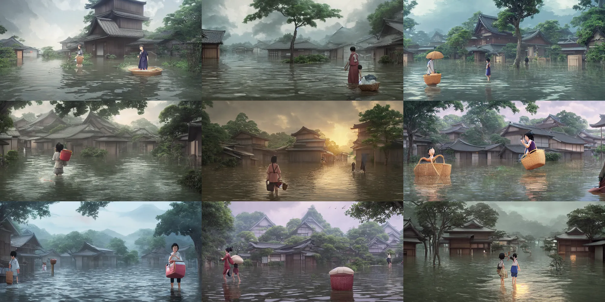 Prompt: a flooded Japanese village with a mother inside a bout carrying a basket full of her belongings and trying to survive medium shot, waist up, studio Ghibli, Pixar and Disney animation, sharp, Rendered in Unreal Engine 5, anime key art by Greg Rutkowski, Bloom, dramatic lighting