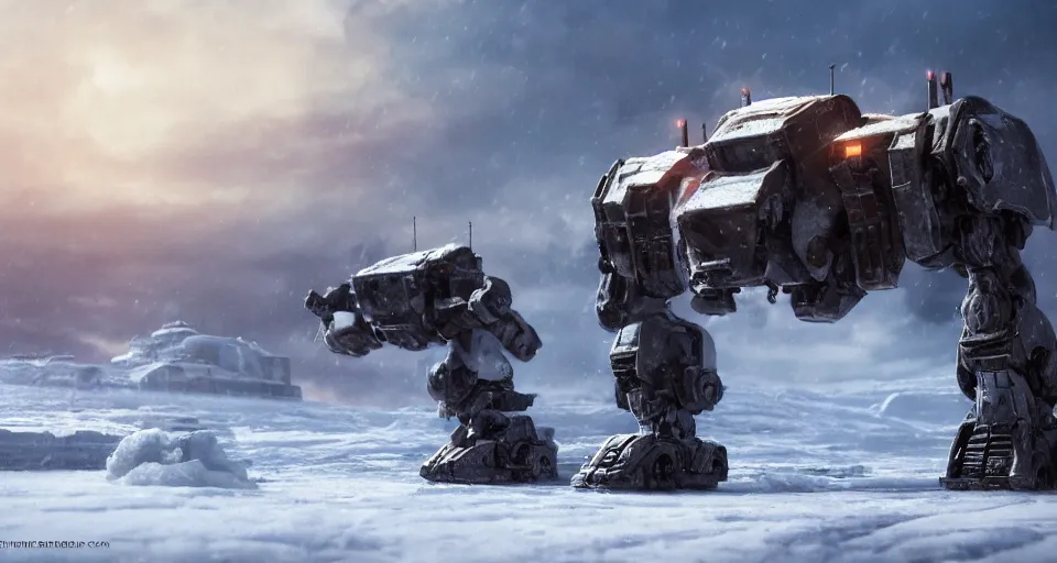 Prompt: mechwarrior standing in a vast, icy landscape, snow, blizzard, sunset, atmospheric, by artgerm, 8 k, octane render, unreal engine, artstation, concept art