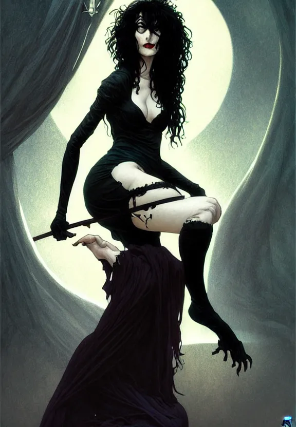 Image similar to perky character death from comic book the sandman by neil gaiman, fantasy magic, dark light night, intricate, elegant, sharp focus, illustration, highly detailed, digital painting, concept art, matte, art by wlop and artgerm and greg rutkowski and alphonse mucha, masterpiece