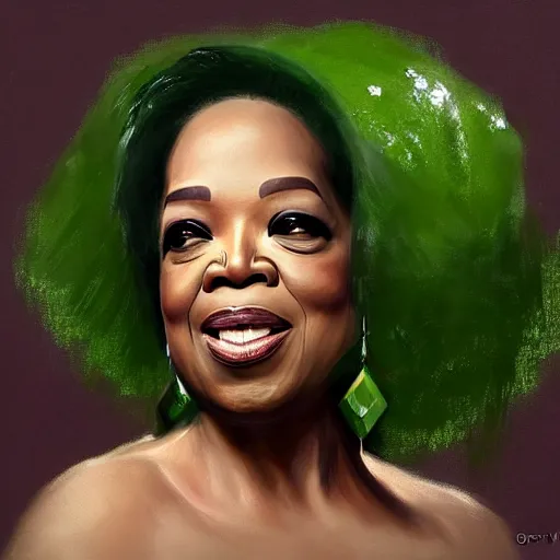 Image similar to a dish of oprah winfreys face fused with okra veg with green stalky ( ( green oprah winfrey's face ) ), oprah okra winfrey sentient veg, by greg rutkowski