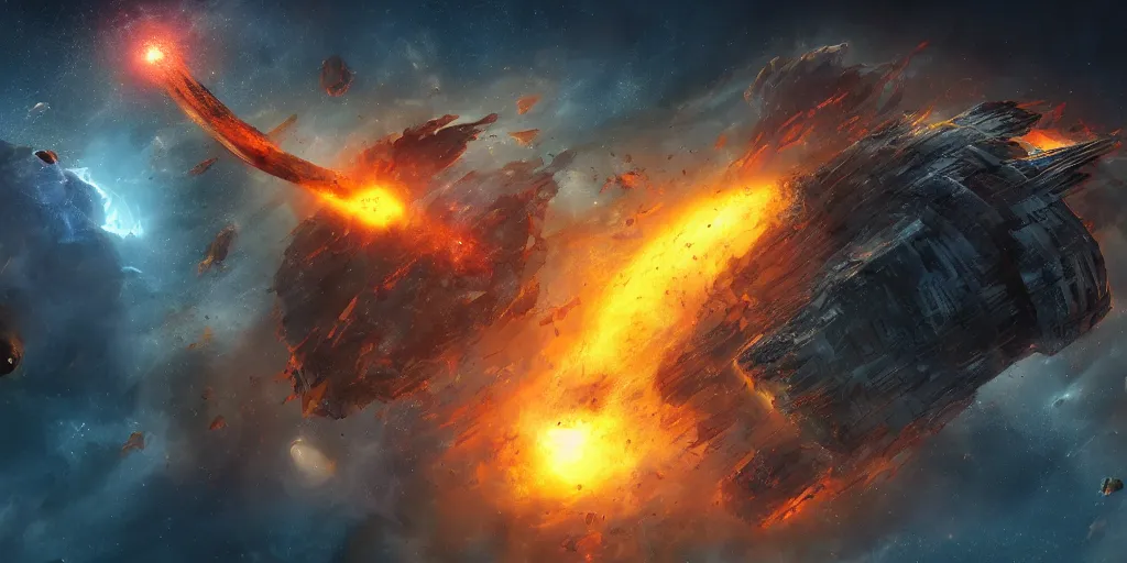 Image similar to space giant destroying a planet with its axe, fantasy apocalypse, digital art, 4 k, mmo