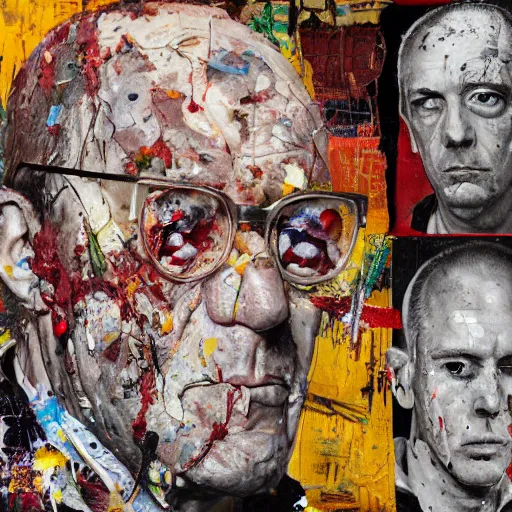 Prompt: hyperrealistic, photorealistic, mixed media oil painting of hunter s thompson, magazine scraps, plaster, blood, oil, mustard, splatter, greg rutkowski, basquiat, ralph steadman, wesley kimler, terry gilliam