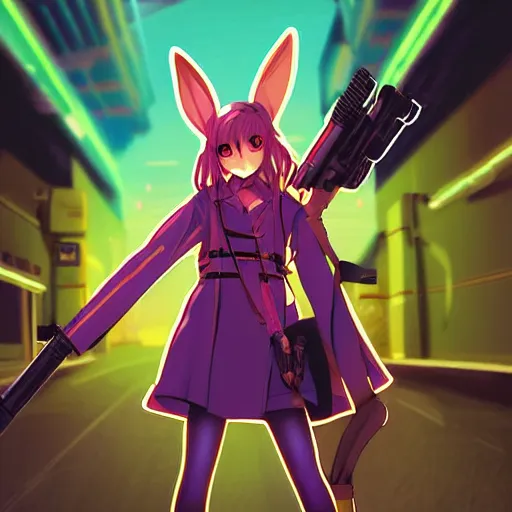 Prompt: advanced digital art of an anime girl with bunny ears wearing a long reflective coat holding a rifle standing in a futuristic ruined city at night, neon lighting, in the style of Ross Tran, — h 1080 —w 1920